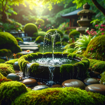 Serene Japanese garden fountain with moss-covered rocks and sunlight
