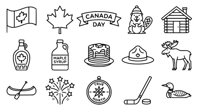 Canada Day Icons: Maple Leaf, Beaver, Moose, Hockey, Syrup, Flag, Canoe