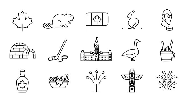 Canadian Icons Collection: Maple Leaf, Beaver, Flag, Hockey, Igloo, Totem Pole, Fireworks