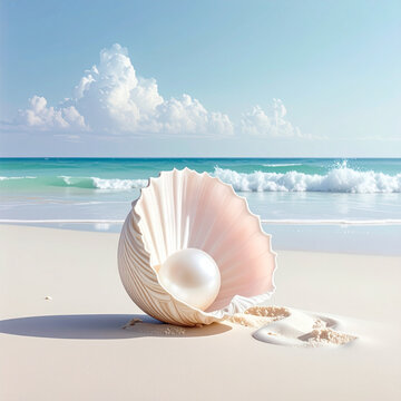 Seashell with a luminous pearl on a pristine beach ocean waves background