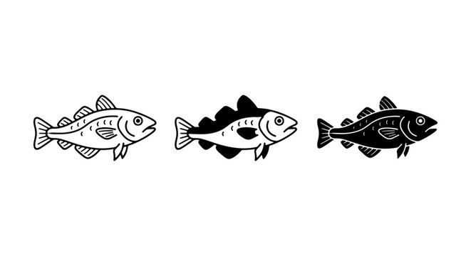 Cod Fish Vector Icons Set, Marine Life Seafood Illustrations, Simple Black and White Aquatic Animal Graphics