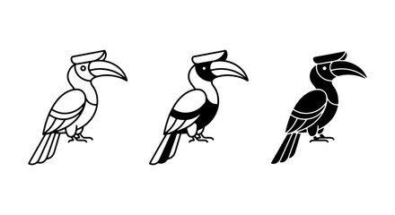 Three Hornbill Bird Styles: Line Art, Color, and Silhouette Vector Icons, Tropical Wildlife Graphics © Mitu