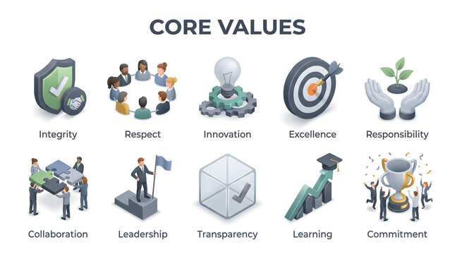 Core Values Business Principles Isometric Icon Set for Corporate Culture