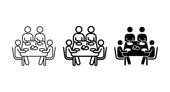 Dinner Meeting Icons Set, People Gathering Around Table Vector Graphics, Social Event Symbols Collection