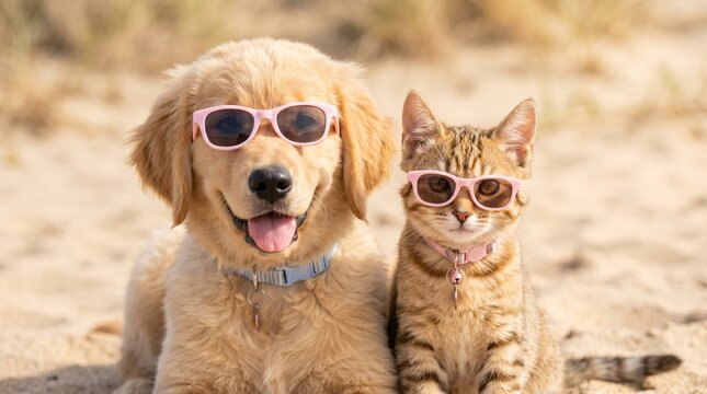 Cute Summer Dog and Cat with Sunglasses Portrait