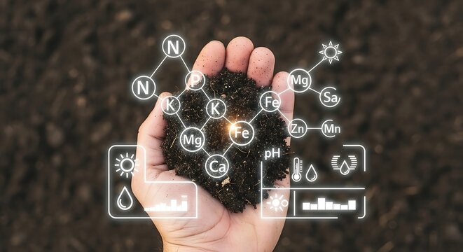 Close-up of a hand holding nutrient-rich soil with a superimposed molecular structure and data visualizations.