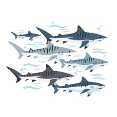 Fototapeta premium A collection of striped predatory fish swimming in the deep blue ocean water