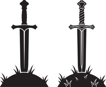 Medieval sword silhouette set, knight blade stuck in ground, ancient weapon vector icon, flat grass and sword illustration, King Arthur Excalibur legend symbol, minimalist warrior equipment, black 