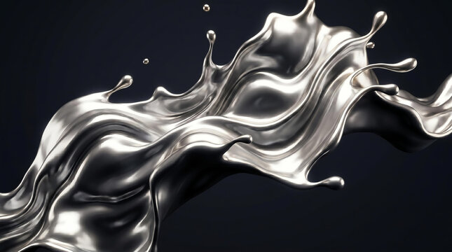Liquid silver mercury splash frozen in motion against dark navy background, mirror-like reflective surface, dramatic metallic sheen, 3D render, high-contrast studio lighting