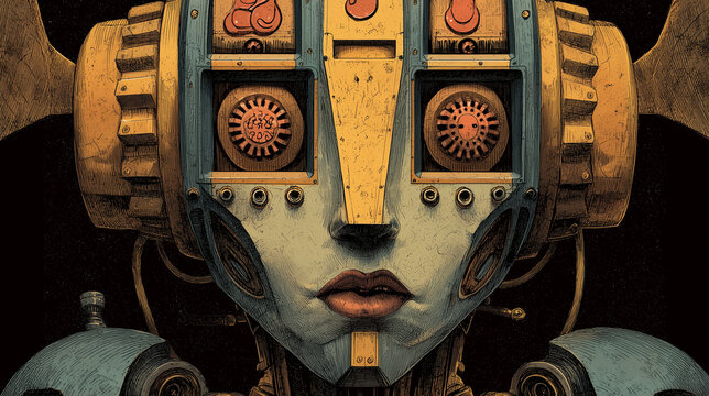 Hand-drawn retro-futuristic mechanical humanoid head portrait with starfield background and uncanny mood