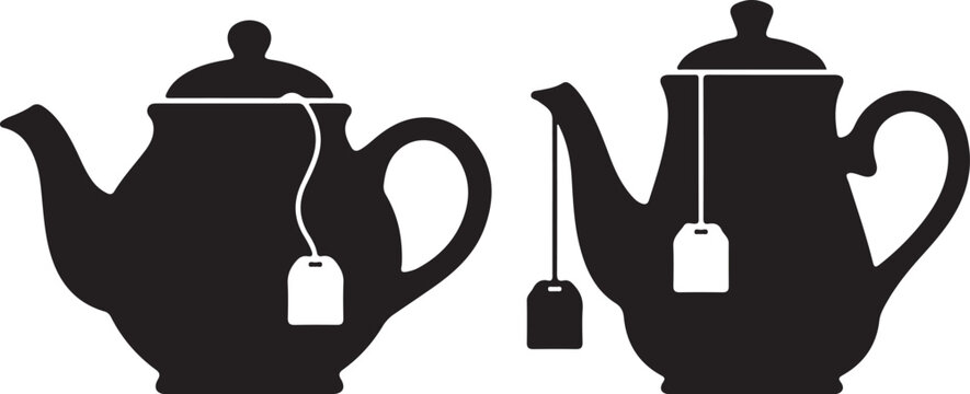 Teapot icon set. Tea kettle vector silhouette. Teabag symbol. Black kitchenware illustration. Beverage sign. Minimalist cafe logo. Breakfast element. Simple tea pot design. Isolated on white backgroun