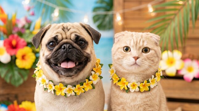Fun Summer Luau Party Dog and Cat Headshot