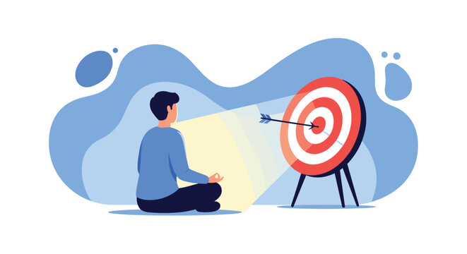 Focused businessman practicing meditation to achieve clear goals while visualising success on a bullseye target board.