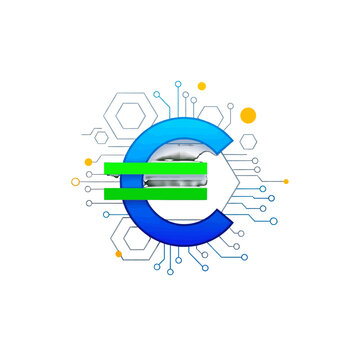 A digital currency symbol integrated with abstract circuit board patterns