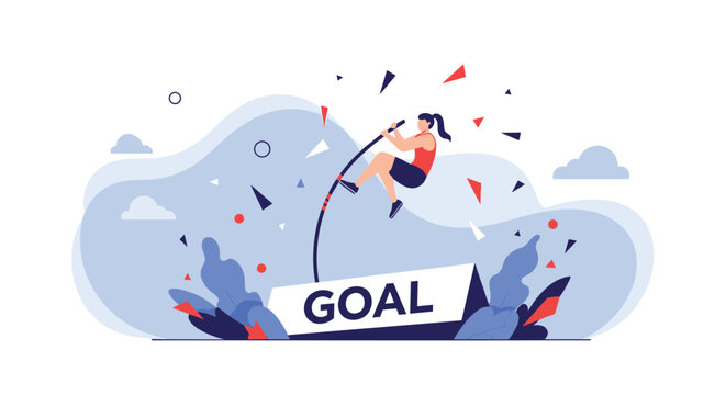 Athletic businesswoman performing a pole vault to leap over a goal hurdle and achieve high professional success.