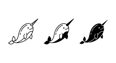 Cute Narwhal Icons Set, Simple Line Art Vector Illustrations, Arctic Marine Mammal Graphics, Whimsical Ocean Creature Designs © Mizanur