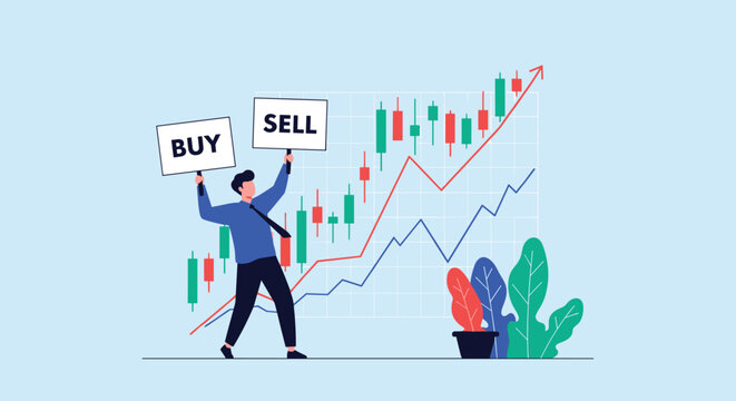 Professional stock broker holding buy and sell signs against a rising market data chart to guide investments.