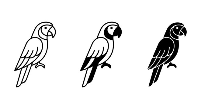 Parrot Icons Set: Simple Line Art, Filled Silhouette, and Black Outline Vector Graphics for Avian Themes