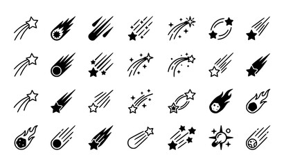 Falling meteors comets shooting stars and asteroids black silhouettes set vector © MstNadiya