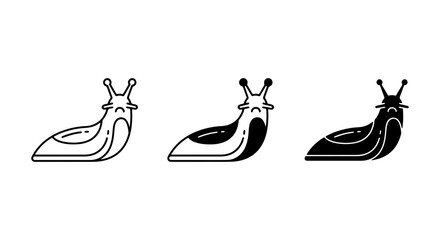 Three Stylized Slug Icons, Simple Line Art and Solid Fill Vector Graphics, Black and White Mollusk Illustrations © Tamanna