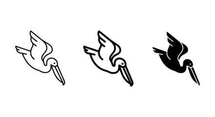Flying Pelican Icons Set: Simple Line Art, Outline, and Silhouette Vector Graphics for Wildlife and Bird Themes © Tamanna