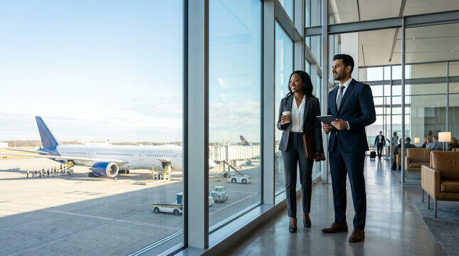 Two corporate professionals looking at an airplane from an airport lounge window, representing global business travel and market expansion.