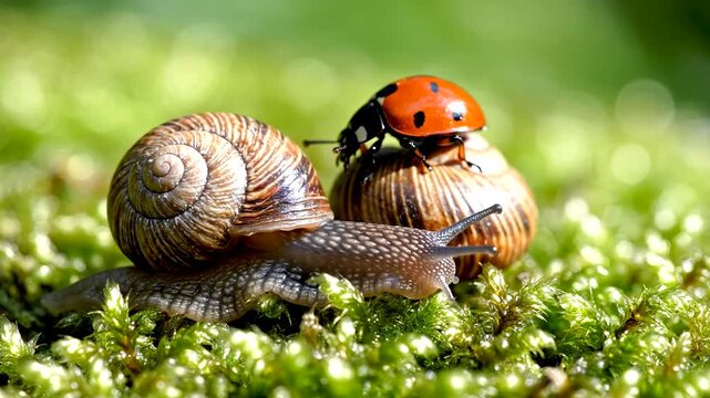 A ladybug resting on a snail shell in the mossy forest.