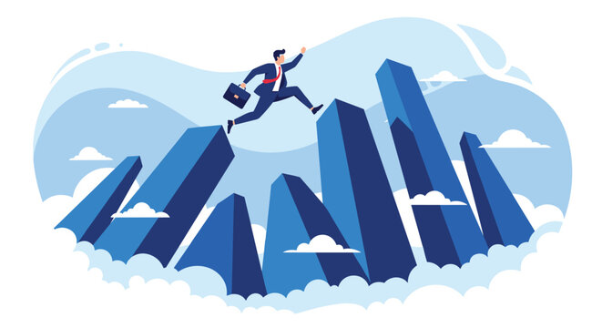 Businessman with a briefcase jumping across gaps between rising bar chart skyscrapers to represent overcoming business risks.