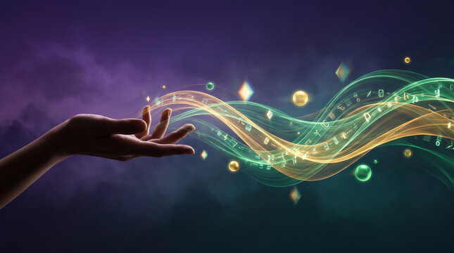Woman hand releasing golden emerald spiral energy waves, illustrating quantum data transmission, futuristic communication technology, digital connectivity, abstract information flow, and advanced inno