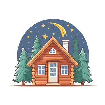 Cartoon log cabin at night with shooting star
