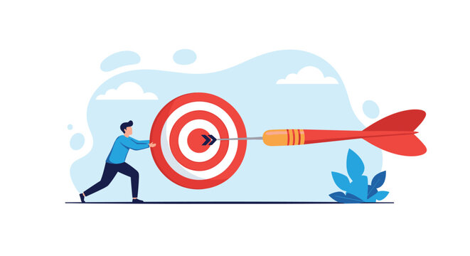 Businessman pushing a target to align with a flying dart, representing goal adjustment, precision, and proactive efforts to ensure success.