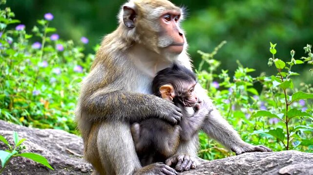 A mother monkey holding and cuddling her cute baby in the wild.