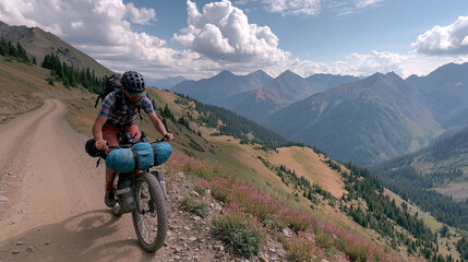 Fototapeta premium Mountain Biking Adventure in Scenic Landscape: Explore Wilderness and Rugged Terrain on High Altitude Trails