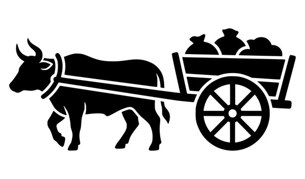 Traditional rural bullock cart with farmer black silhouette icon vector