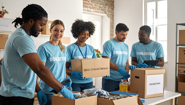 Diverse group of volunteers wearing light blue t-shirts sorting donations in cardboard boxes, community service, helping hands