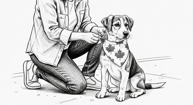 Veterinarian examining puppy with maple leaf pattern in clinic.
