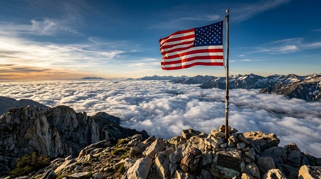 American flag waving on mountain peak above clouds.