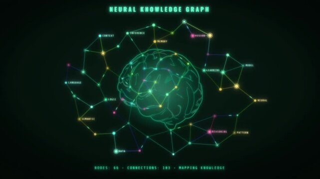 Neural knowledge graph animation with brain and connected concept nodes mapping data network
