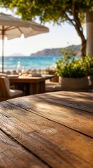 Obraz premium Coastal restaurant terrace table background