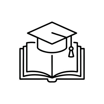 Educational concept representing academic achievement and learning through a graduation cap placed atop an open book signifying scholarly knowledge acquisition and the culmination of studies in