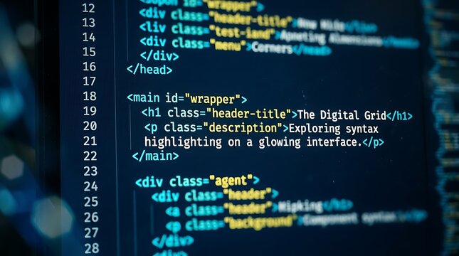 Close-up of computer screen displaying lines of HTML code with syntax highlighting on a dark background.