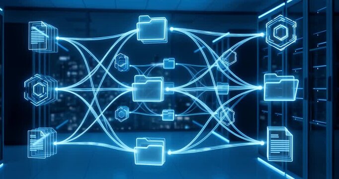Futuristic blue digital network showing interconnected data files and folders in a server environment.