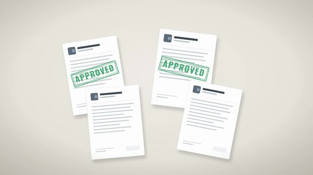 Approved green stamp animation on multiple documents and paperwork with approval mark on papers