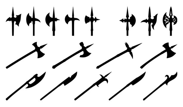 Medieval battle axes and ancient warrior weapons black silhouettes set vector