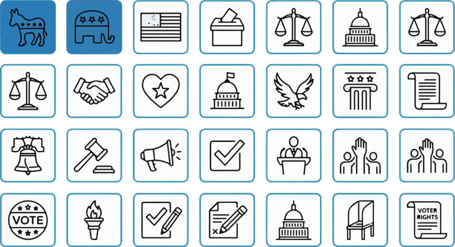 Flat design icons representing various professions, objects, and concepts organized in a structured layout for visual communication.