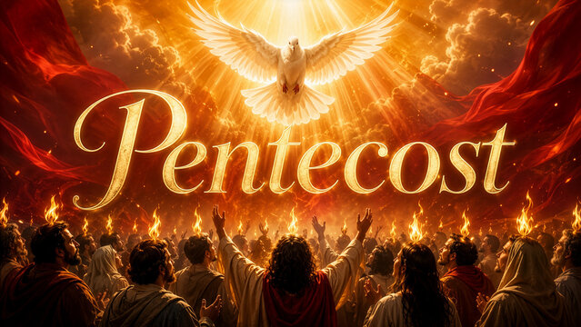 Pentecost Sunday Celebration Background with Holy Spirit Dove and Fire