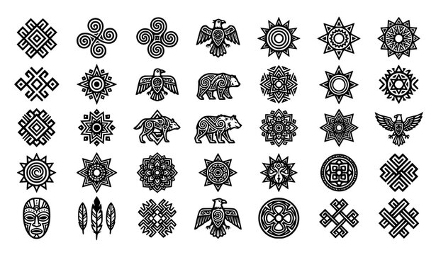 Aztec ethnic symbols and traditional tribal mandala design elements vector