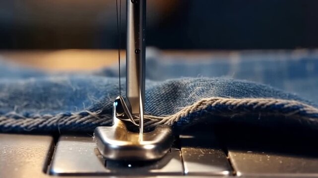 Close up of Sewing denim, sewing machine close up, sewing machine, sewing machine closeup