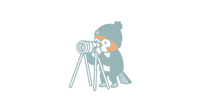 Cartoon bird character using camera on tripod