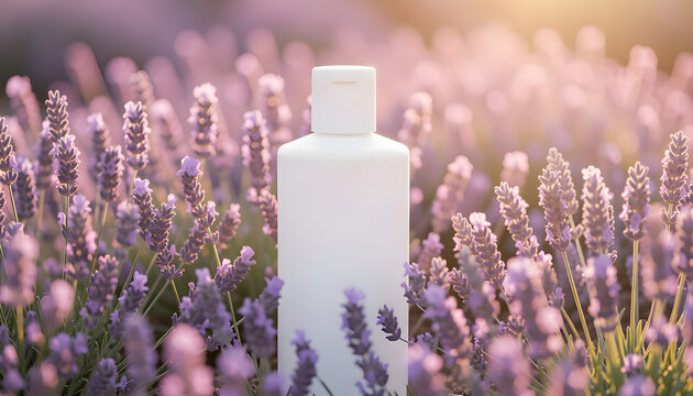 Blank cosmetic bottle surrounded by blooming lavender flowers at sunset, natural skincare packaging mockup, organic beauty product concept with soft floral background and warm golden light.